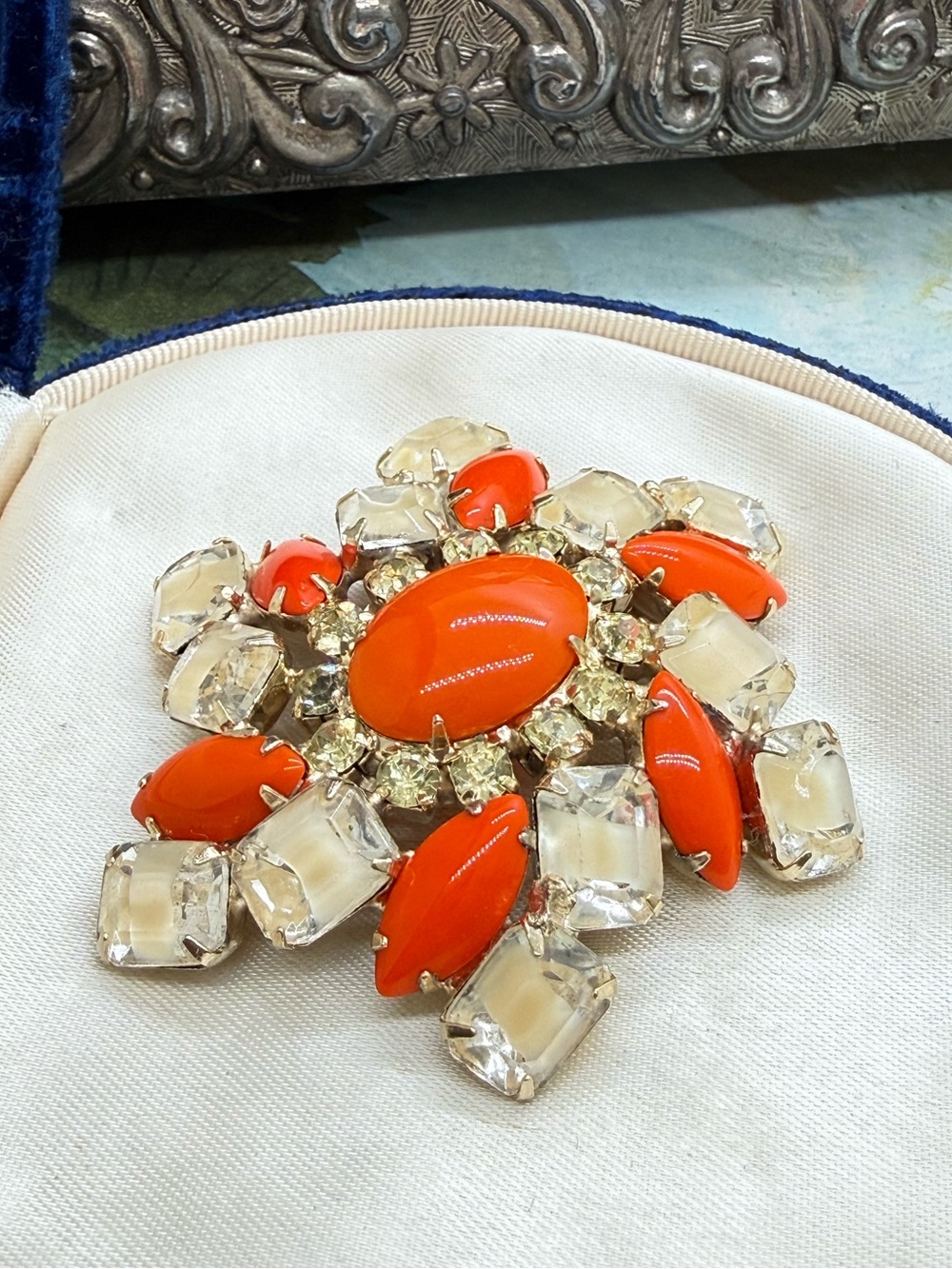 Vintage Orange Citrine Rhinestone Brooch